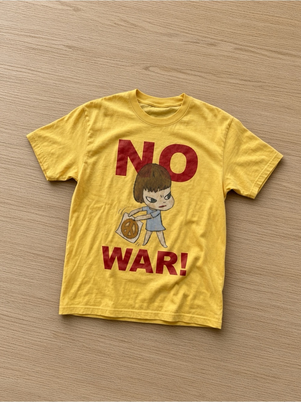 Gildan Yellow Graphic Tee with Red 'NO WAR!' Text